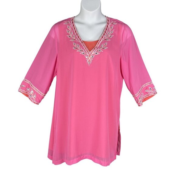 Bob Mackie NWT L Pink Embroidered Chiffon Tunic Embellished Top 3/4 Sleeve Artsy - Picture 1 of 16